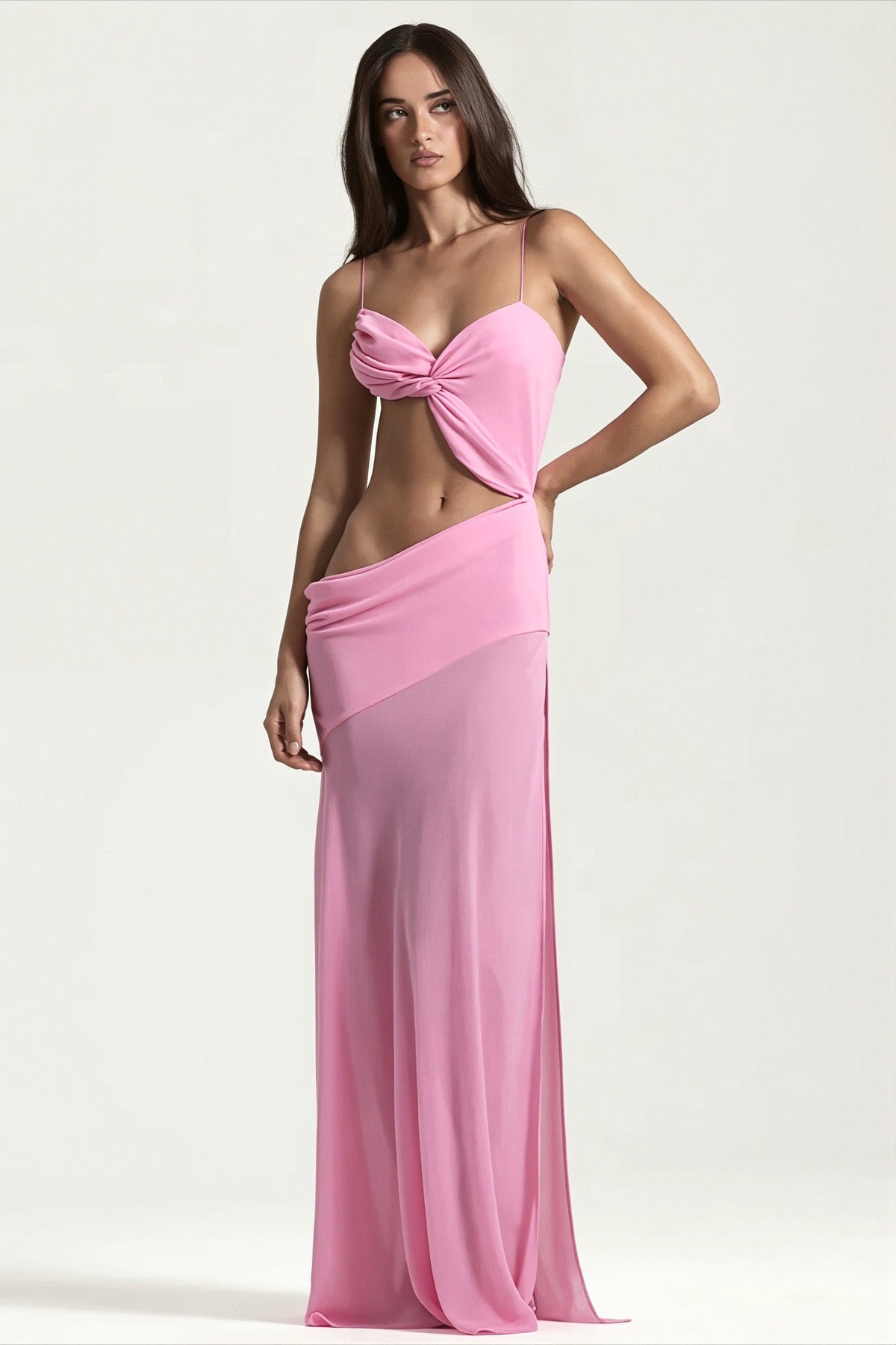Strapless Twist Front Cut Out High Split Maxi Dress