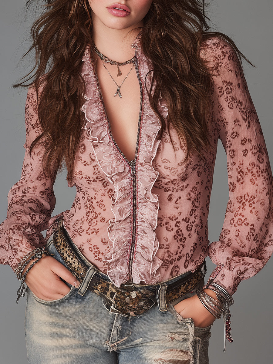 Vintage Leopard Print Front Zipper Ruffle Neckline Chiffon Blouse