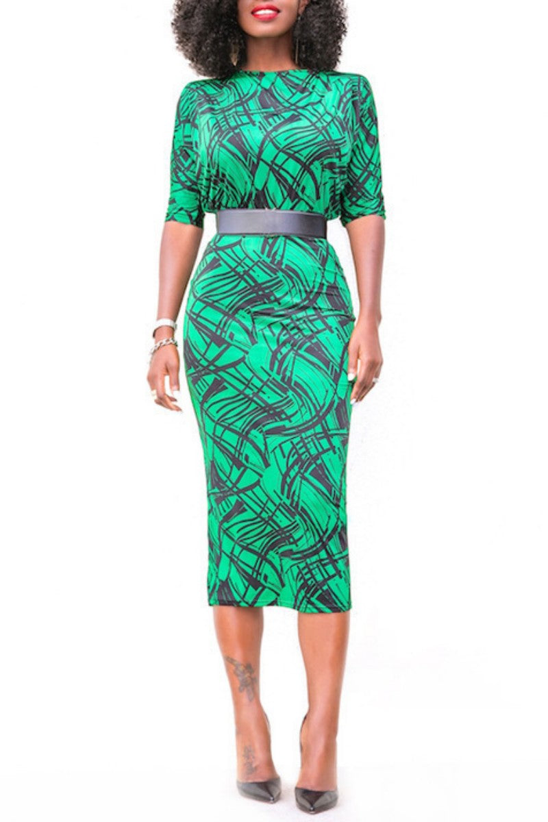 Casual Print Patchwork O Neck Pencil Skirt Dresses (Without Belt)  Fashionpara