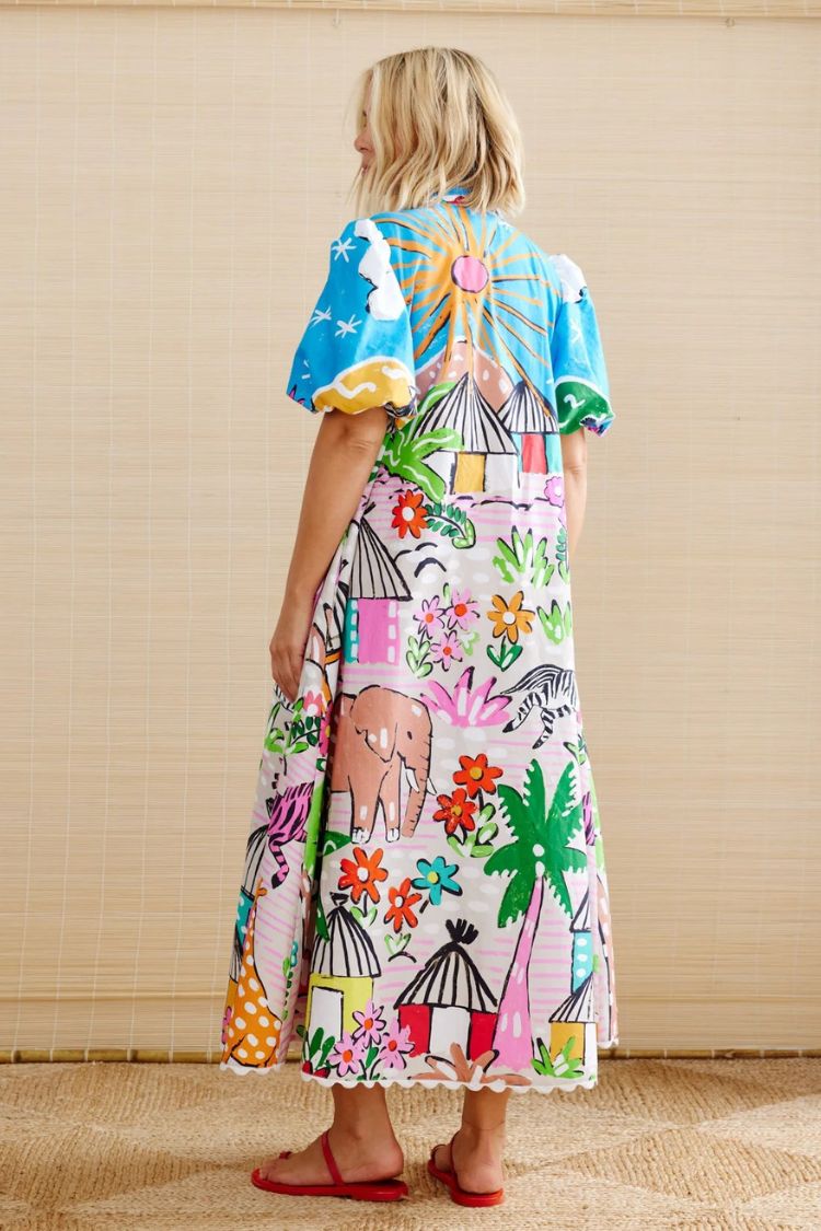 Daliah Unique Printed Wave Lace Puff Sleeves Loose Pocket Maxi Dress - Fashionpara