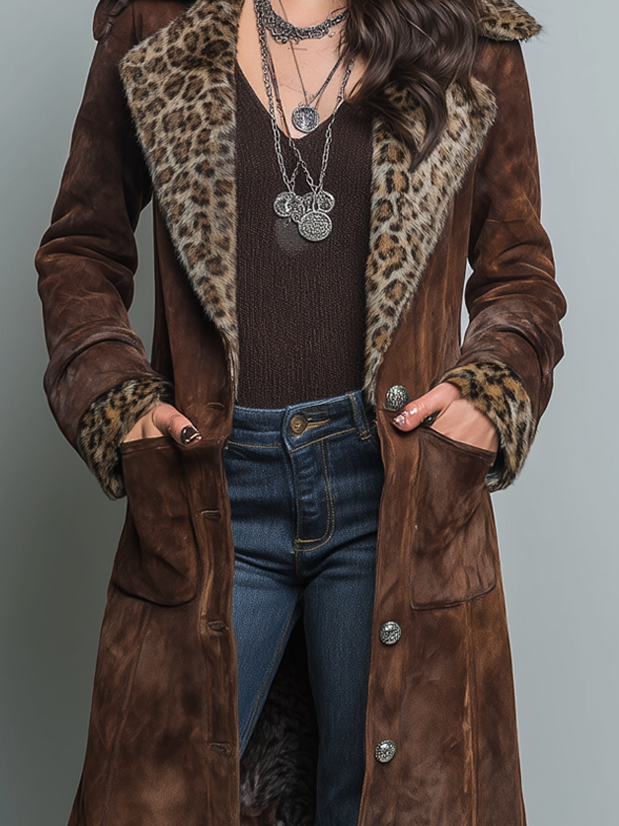 Retro Leopard Print Eco-friendly Fur Collar Polyester Suede Coat - Fashionpara