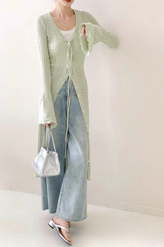 Light Green V-Neck Bell-Sleeve Midi Knit Cardigan for All