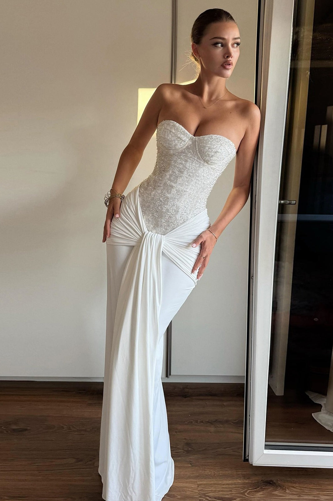 Strapless Rhinestone High Waist Bodycon Dress in White