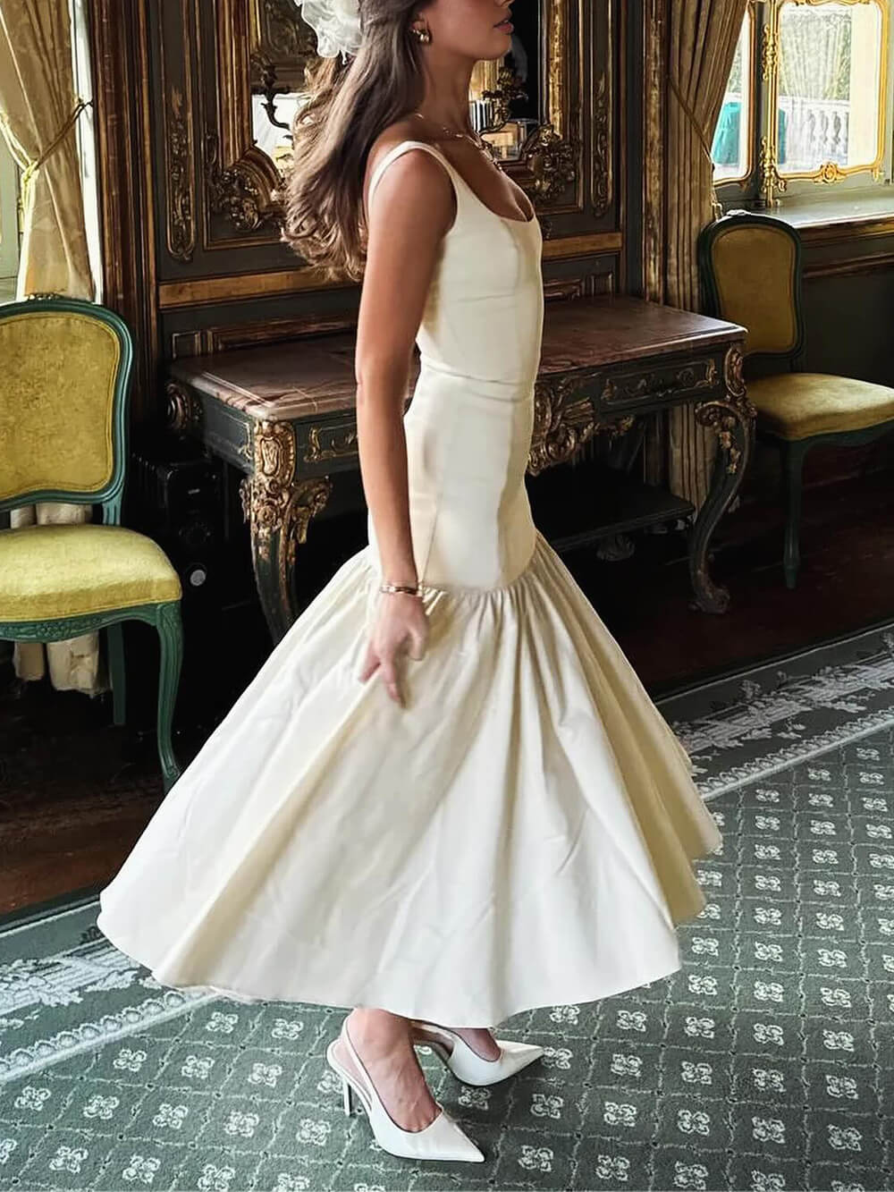 Vintage Mermaid Square Neckline White Ruffles Long Prom Dress Formal Dresses