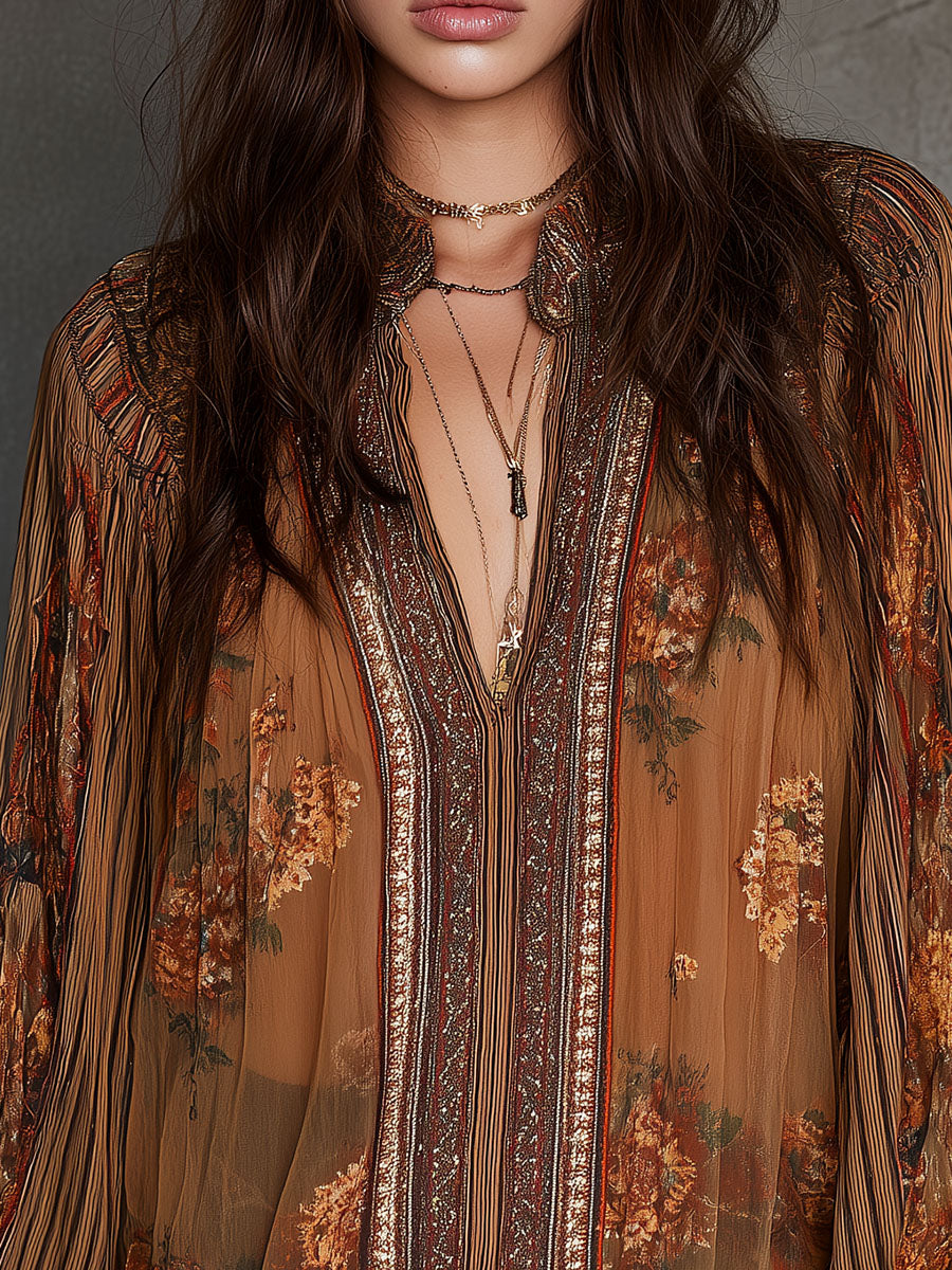 Vintage Boho Sheer Floral Blouse With Billowy Sleeves