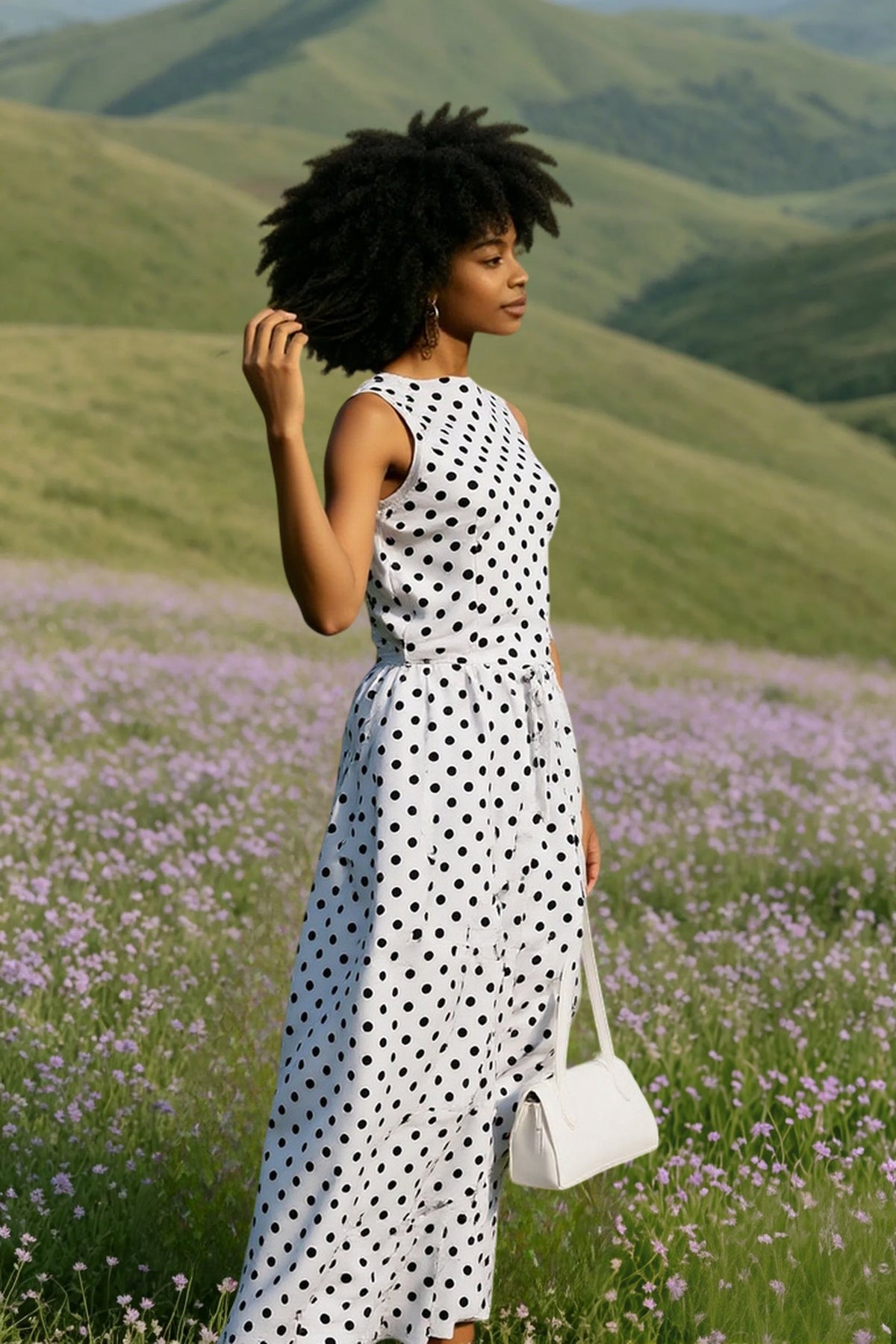 Polka Dot Round Neck Sleeveless A-Line Midi Dress