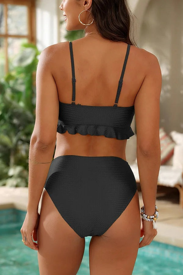 Solid Spaghetti Strap Beaded Two-Piece Stretch Bikini Swimsuit - Fashionpara