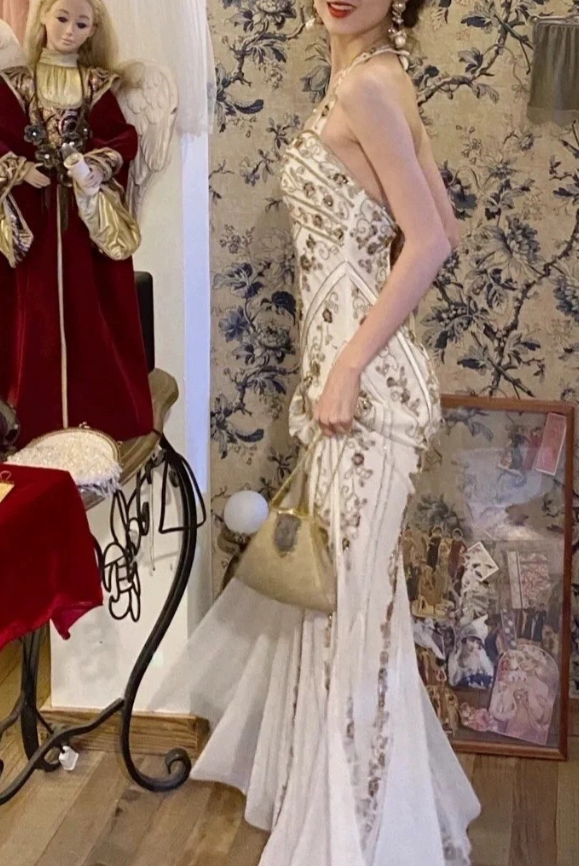 White Mermaid Long Prom Dress Beaded Vintage Evening Dress - Fashionpara