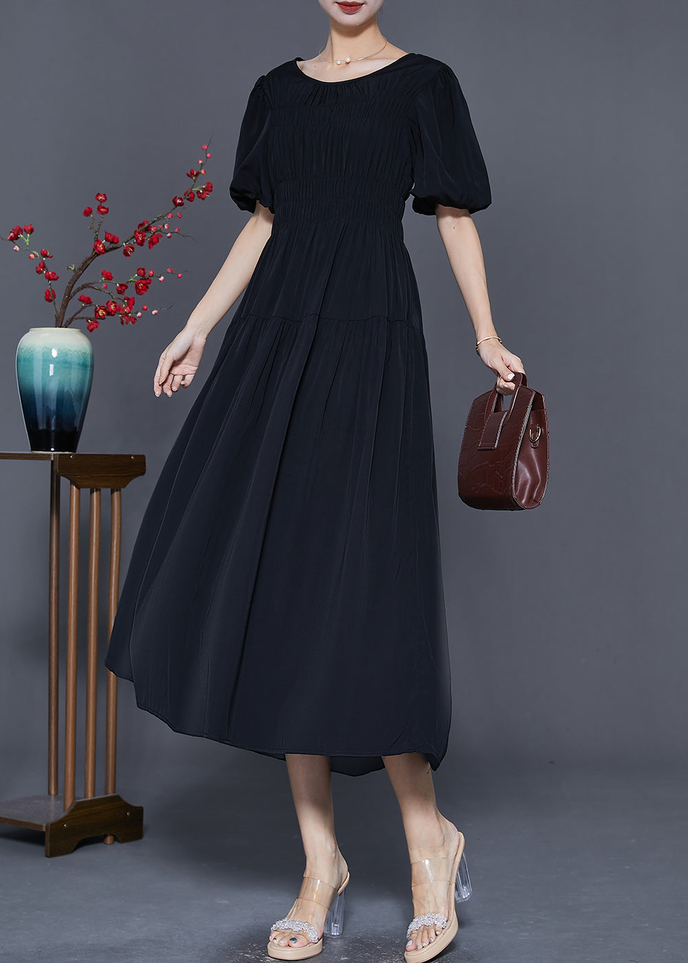 Smocked Bodice Scoop Neck Puff Sleeve Tiered A-Line Maxi Dress - View 2