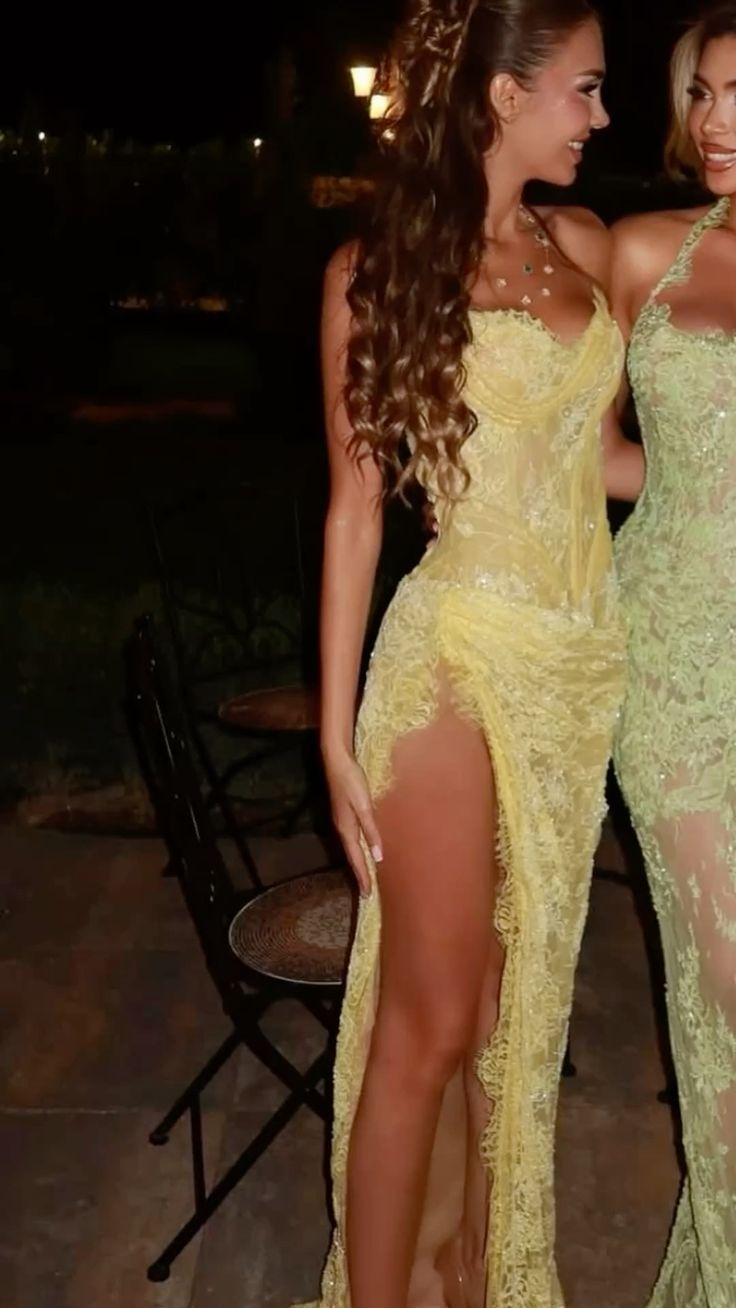 Mermaid Sweetheart Yellow Lace Slit Prom Dresses Long Party Dress - Fashionpara