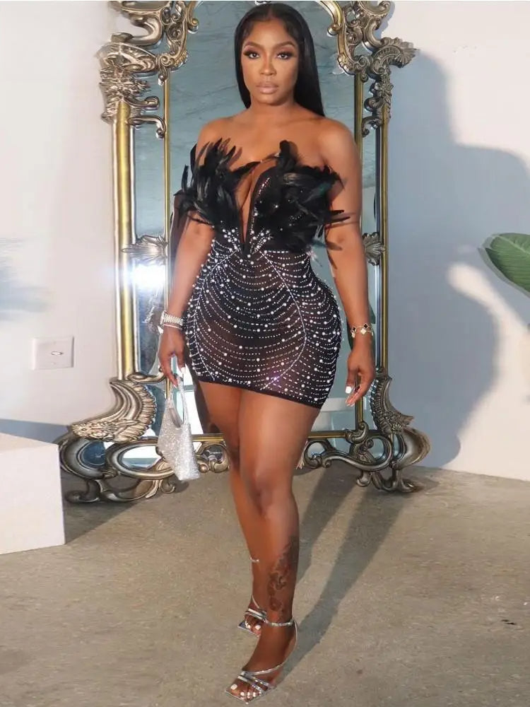 Feather Strapless V Neck Mesh Party Dress - Fashionpara