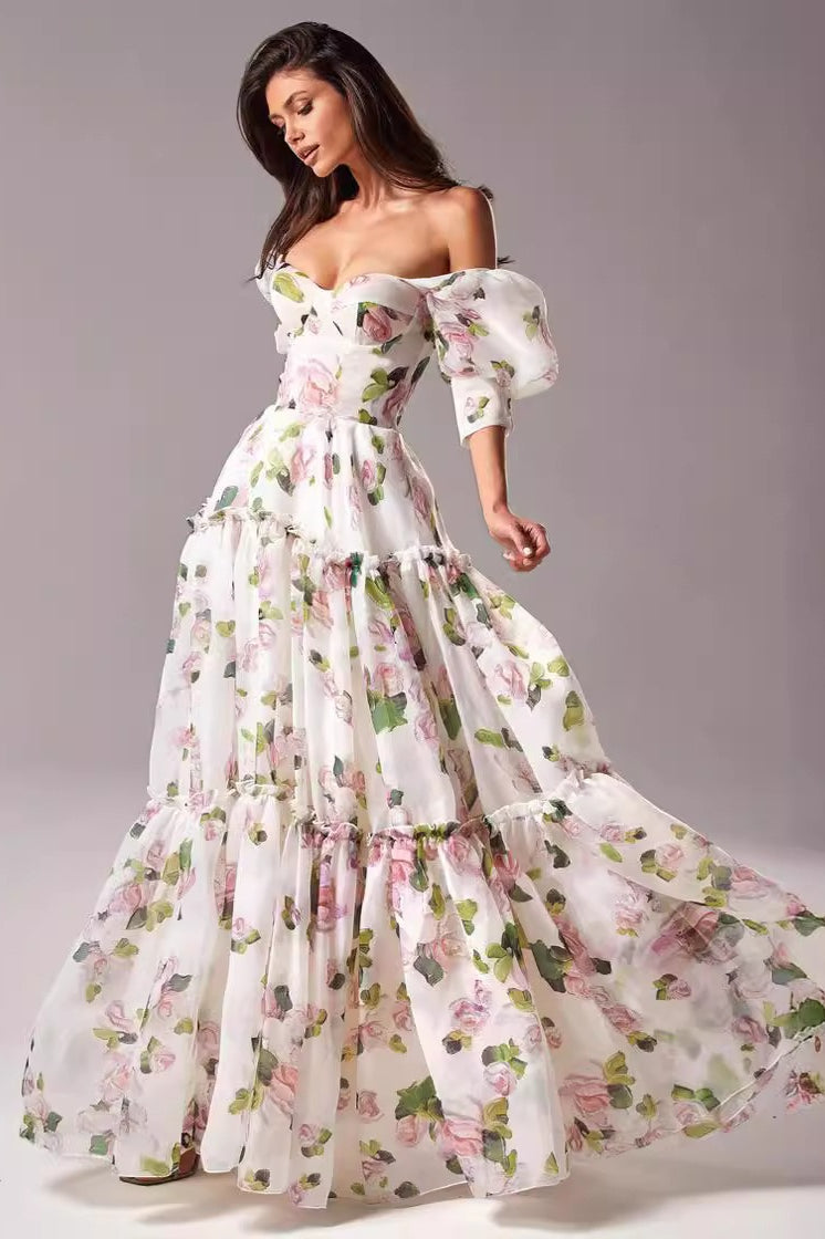 Floral Off Shoulder Puff Sleeve Sweetheart Tiered Maxi Dress