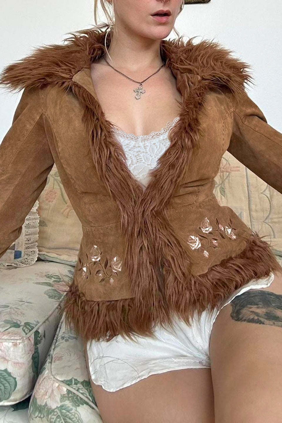 Floral Embroidered Fleece Coat - Fashionpara