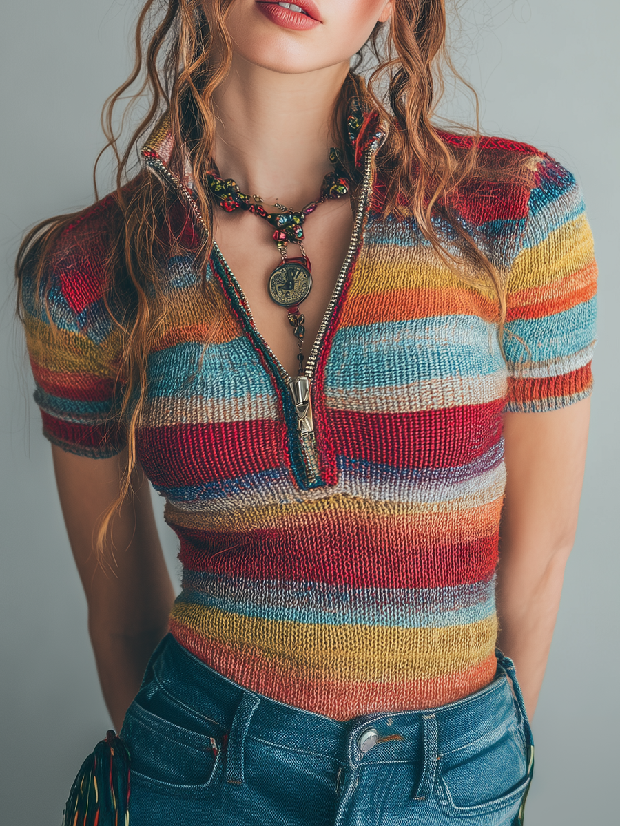 Retro Zipper Collar Colorful Striped Short Sleeve Knitted Blouse - Fashionpara