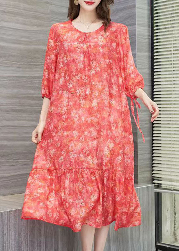 Floral Print Round Neck Tie Cuff Three Quarter Sleeve Midi Dress