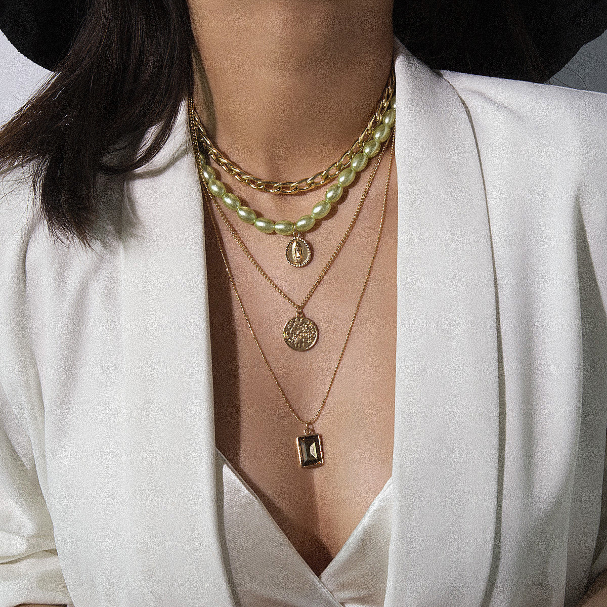 Vintage coin gem multi-layer pearl necklace