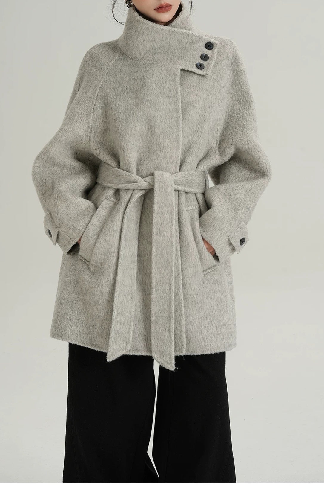 Solid Wool Warm Loose Mock-neck Coat 6