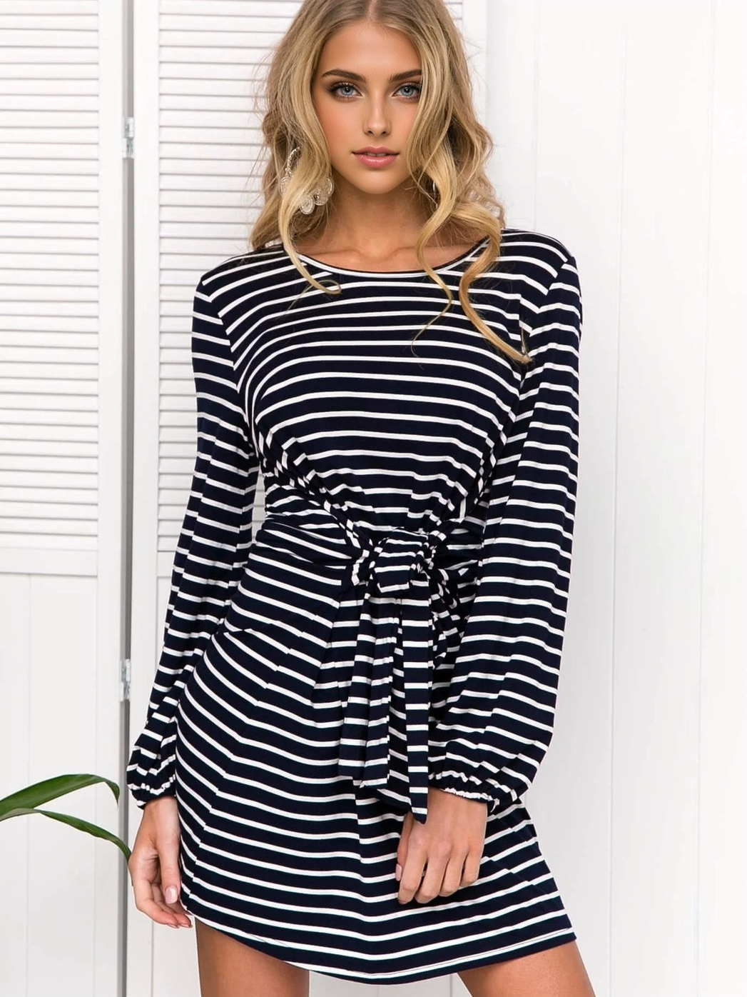 Stripe Boat-Neck Long Sleeve Belted Slouchy Mini Dress 3