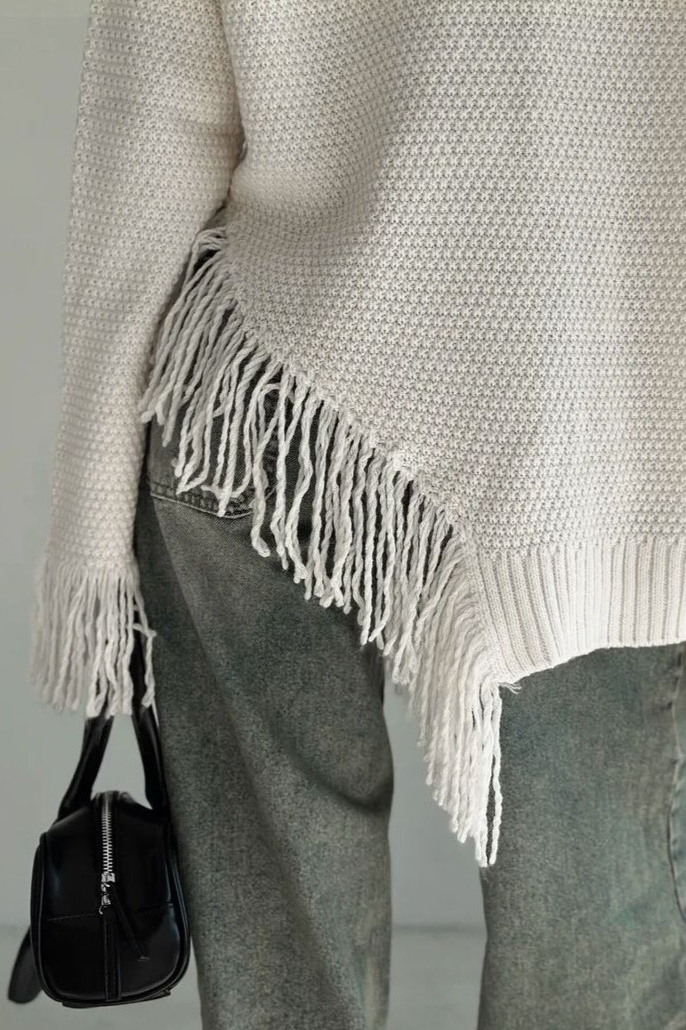 Fringe Round Neck Knit Asymmetric Blouse