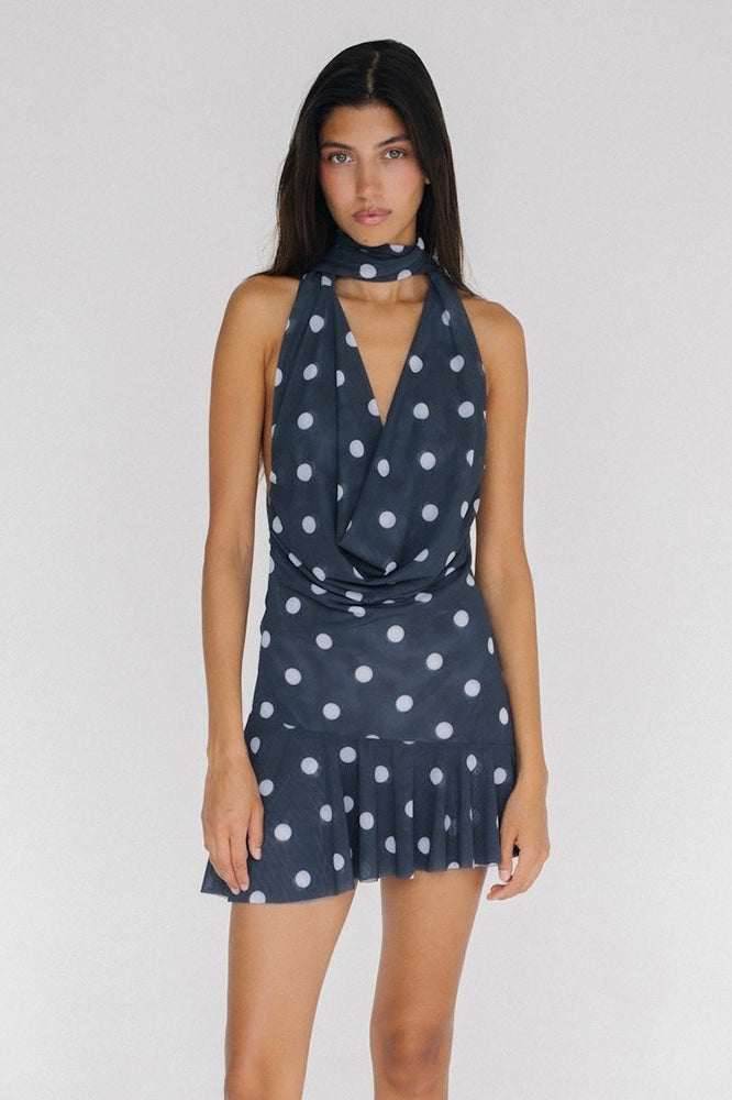 Polka Dot Halter Neck Cowl Neck Flounce Mini Dress