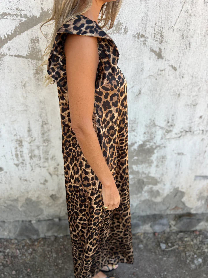 Leopard Print V-Neck Ruffle Sleeve Pocket Maxi Dress 3