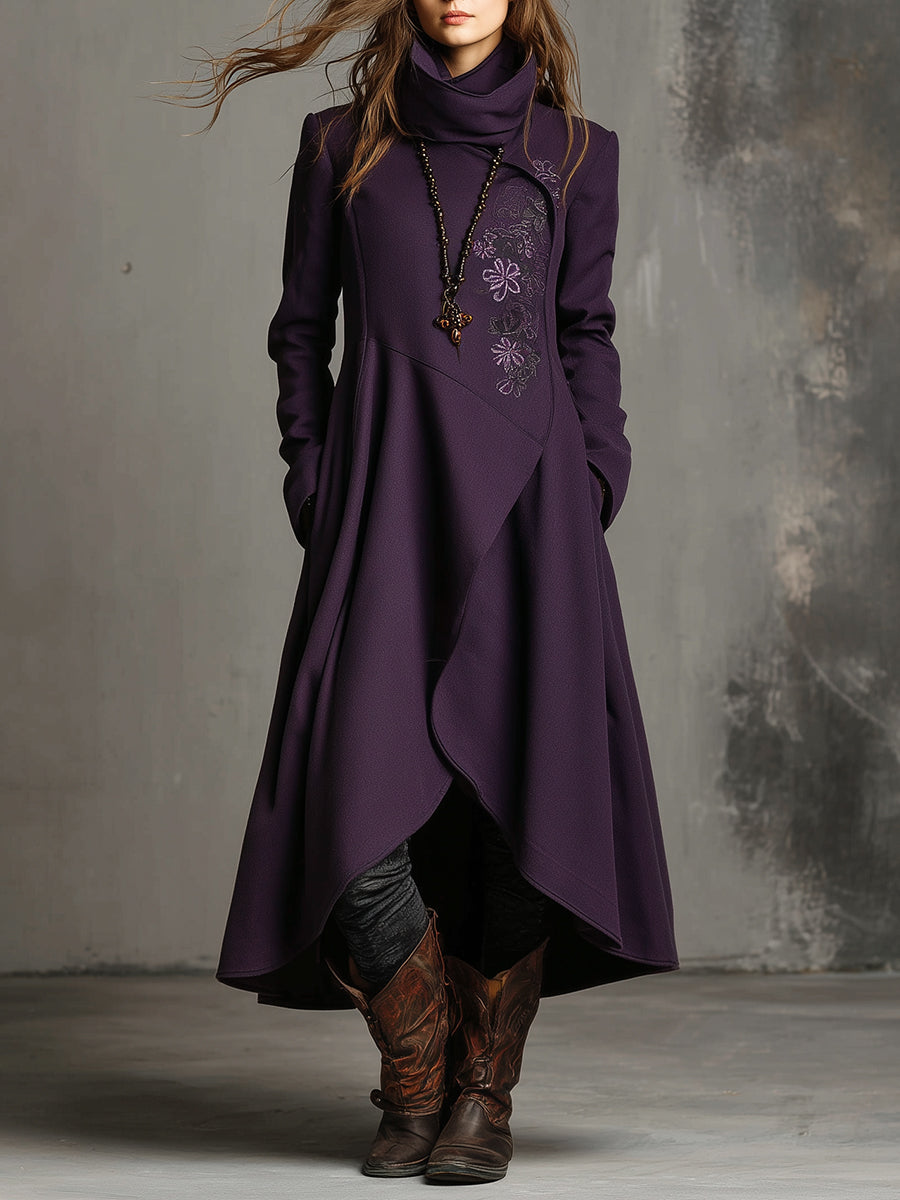 Retro Embroidered Ruffled High Low Hem Woolen Coat - Fashionpara