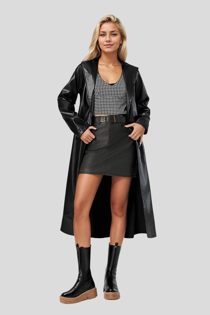Wrinkle-Resistant Long Bathrobe-Style Leather Coat 3