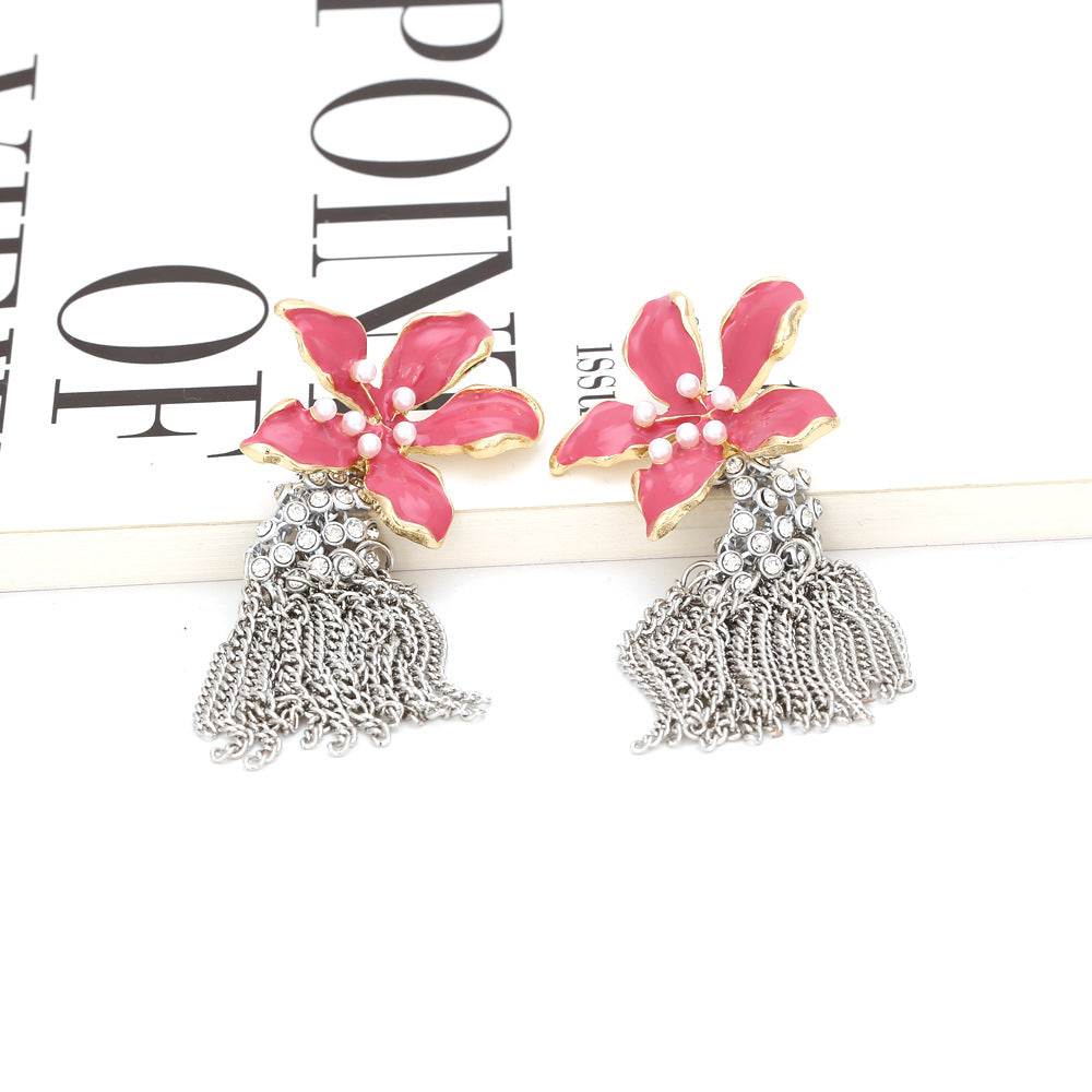 Rhinestone Pearl Flower Tassel Earrings