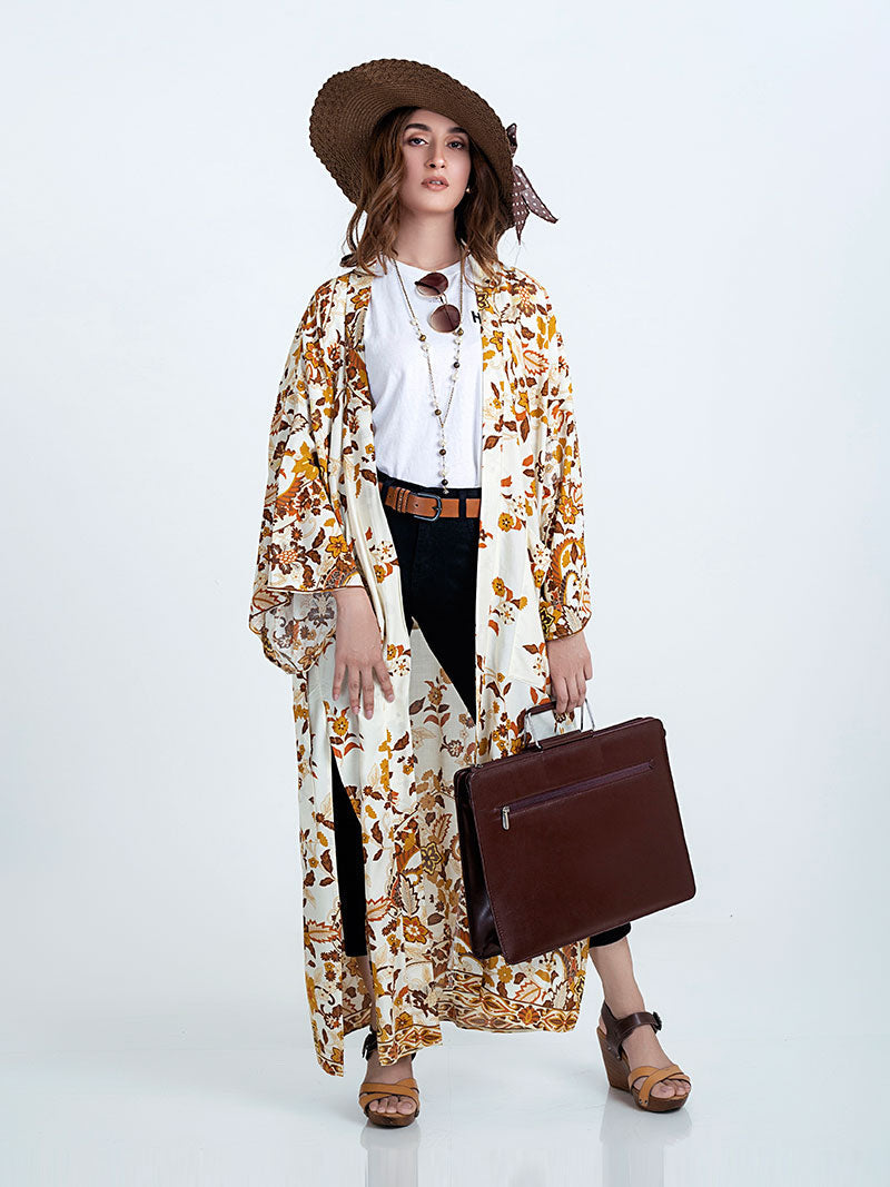 Beachwear & Partywear Floral Print Beige Color Cotton Long Length Gown Kimono Duster Robe