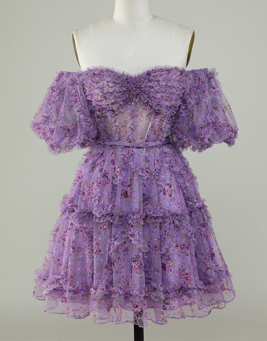Pretty Cute Puff Sleeves A-Line Short Homecoming Party Dress - Fashionpara