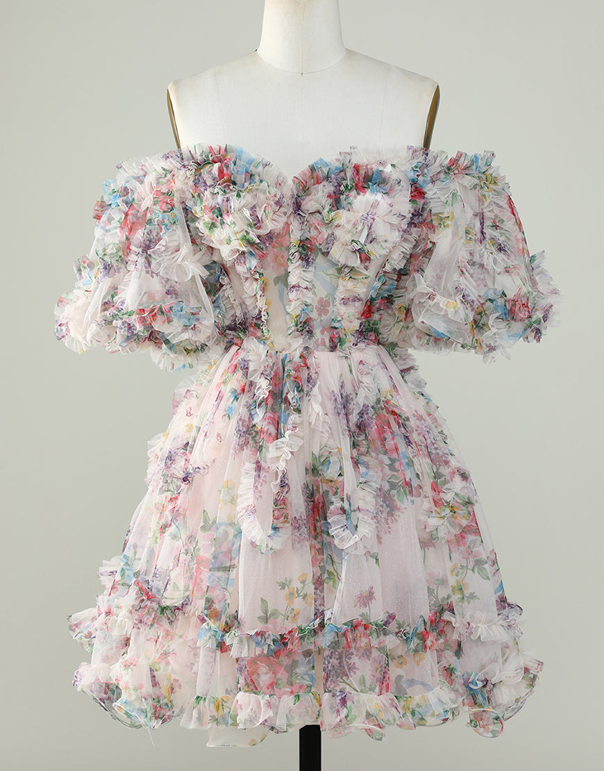 Pretty Cute Puff Sleeves A-Line Short Homecoming Party Dress - Fashionpara