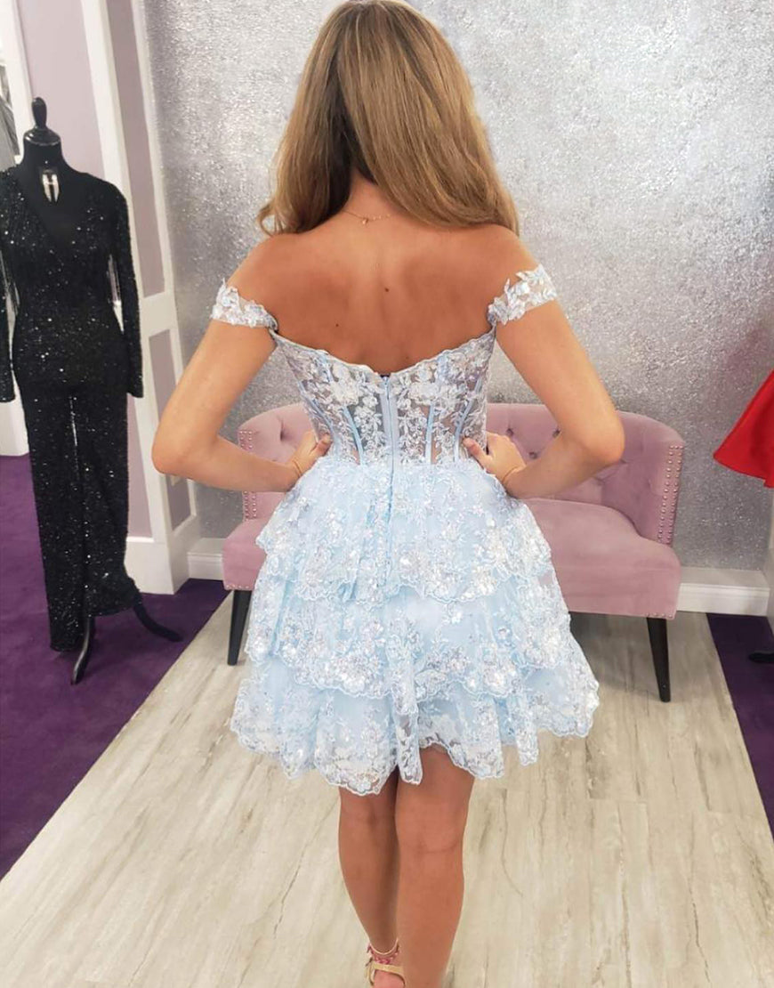 Sparkly Red Off The Shoulder A-Line Tiered Short Party Dress - Fashionpara