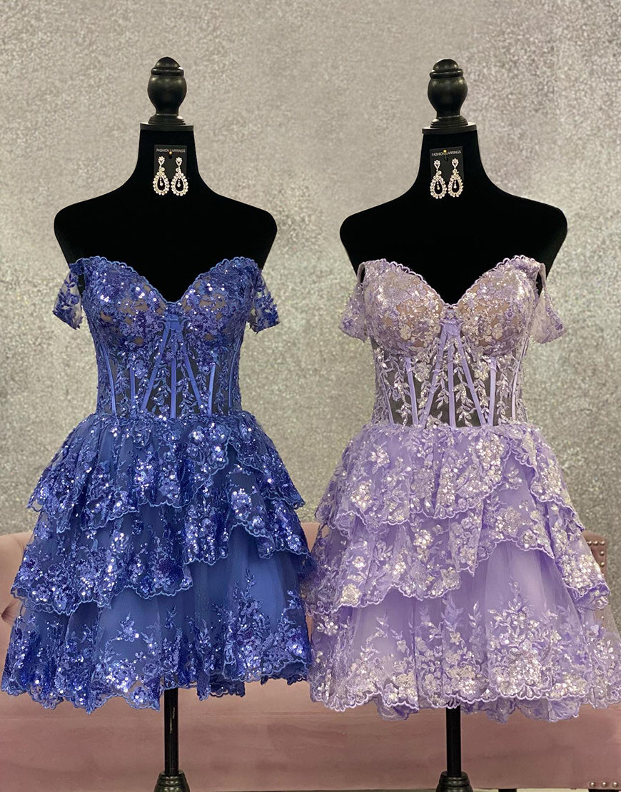 A-Line Glitter Off The Shoulder Tiered Short Homecoming Party Dress - Fashionpara