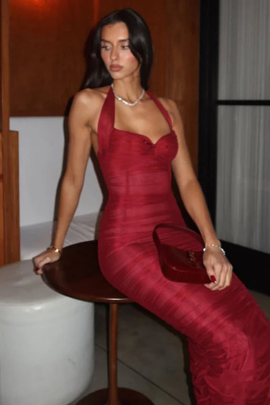 Mesh Pleated Halter Neck Bodycon  Party Dress