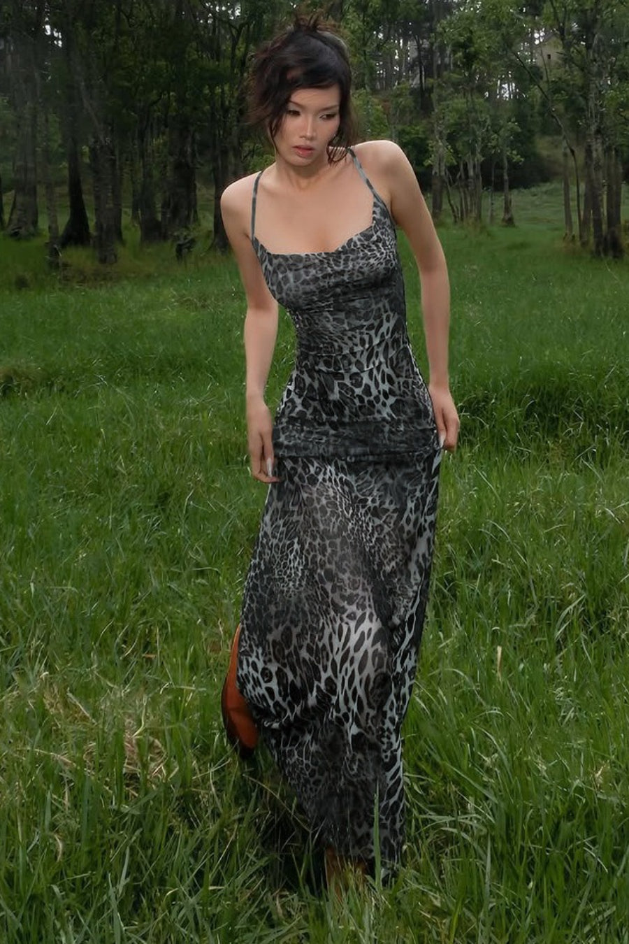 Leopard Print Spaghetti Strap Cowl Neck Slip Maxi Dress