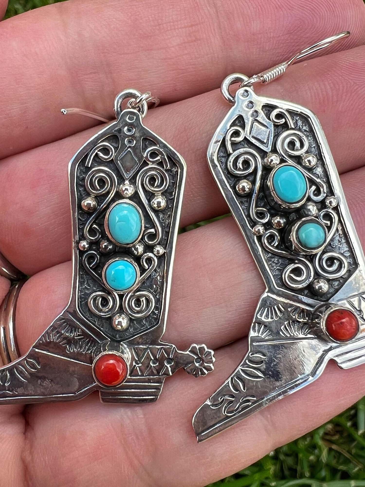 Vintage Two-Tone Turquoise Boots Western Cowboy Style Earrings - Fashionpara