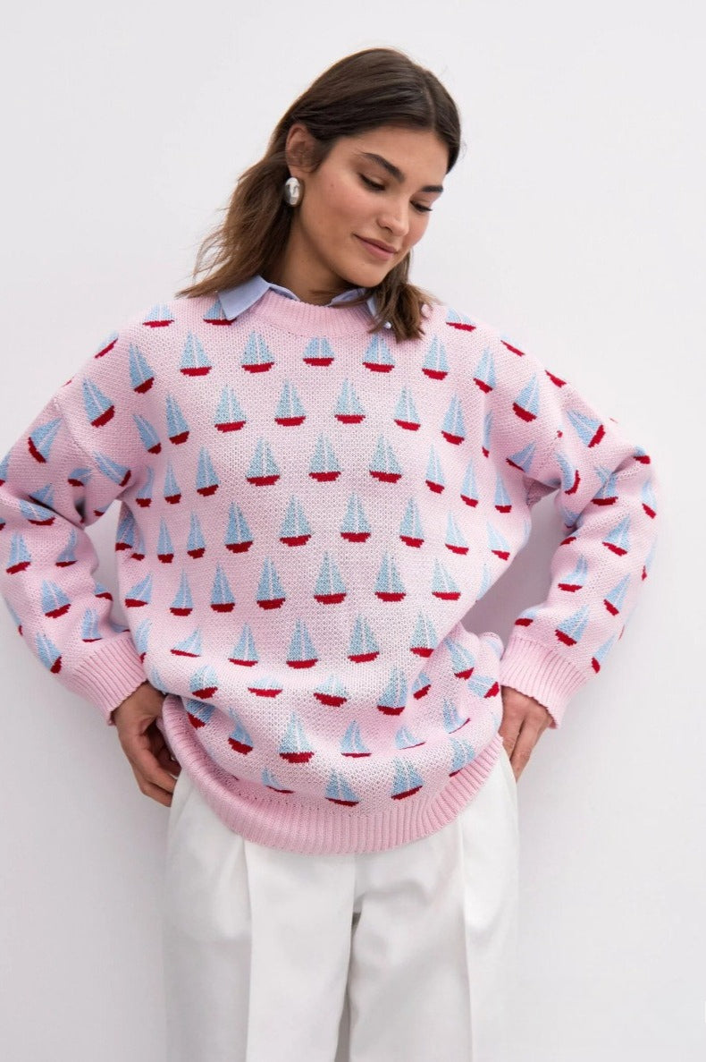 Casual Sailboat Jacquard Pullover Sweater