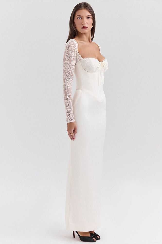 Satin Lace Long-Sleeve Sweetheart Corset Maxi Gown