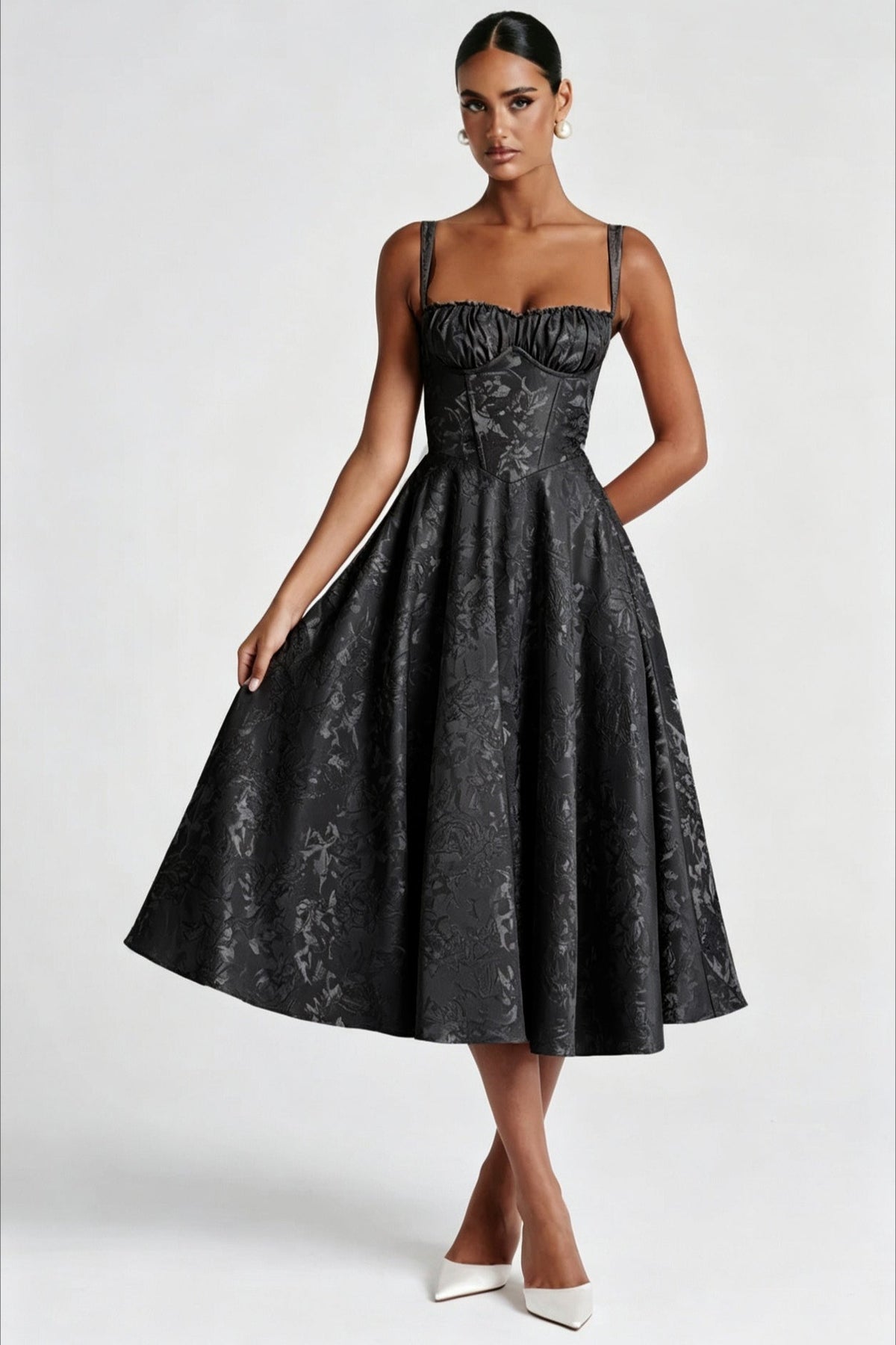 Brocade Sweetheart Corset Fit & Flare Midi Dress