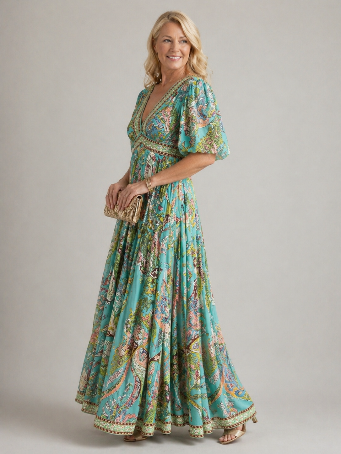 Paisley Print V-Neck Puff Sleeve Maxi Dress 2
