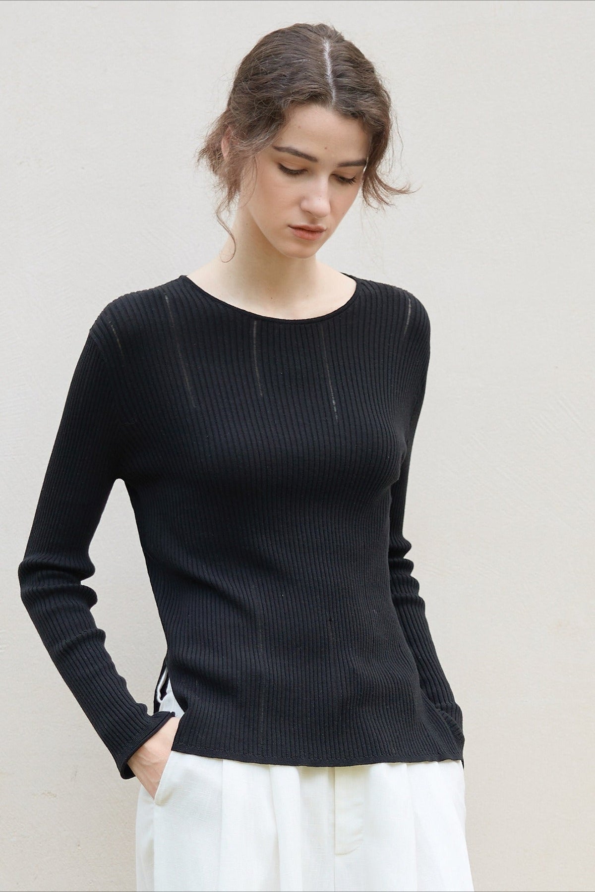 Lyocell Wool Side Slit Knit Top