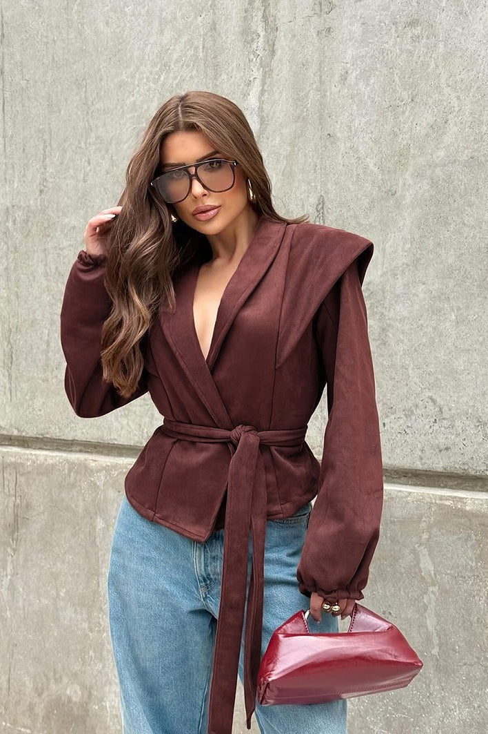 Vintage Wine Red Suede Tie-Waist V-Neck Coat for Elegance