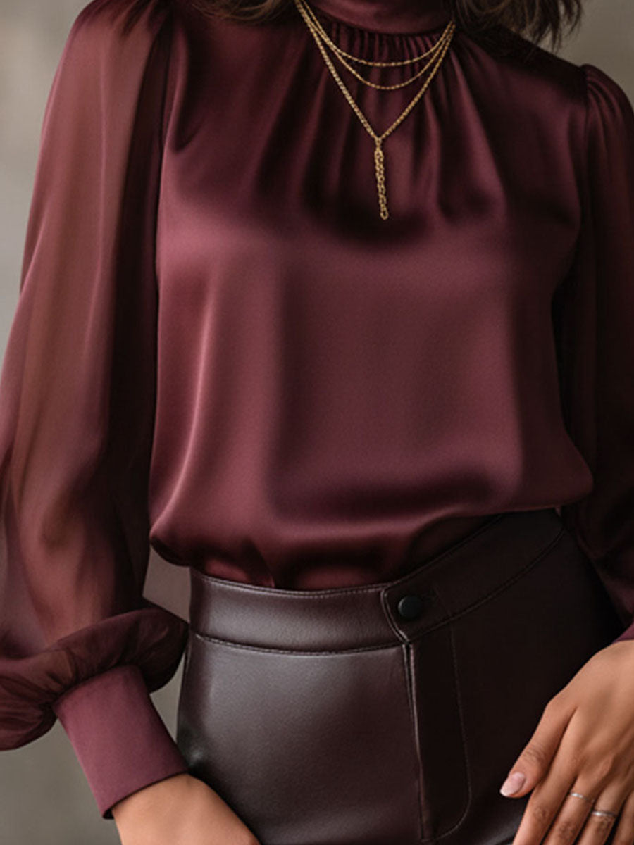 Elegant High Neck Burgundy Sheer Chiffon Sleeves Satin Blouse - Fashionpara
