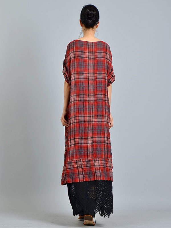 Plaid Check Round Neck Layered-Hem A-Line Maxi Dress 2