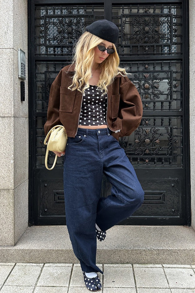 Brown Faux Suede Utility Zip Jacket