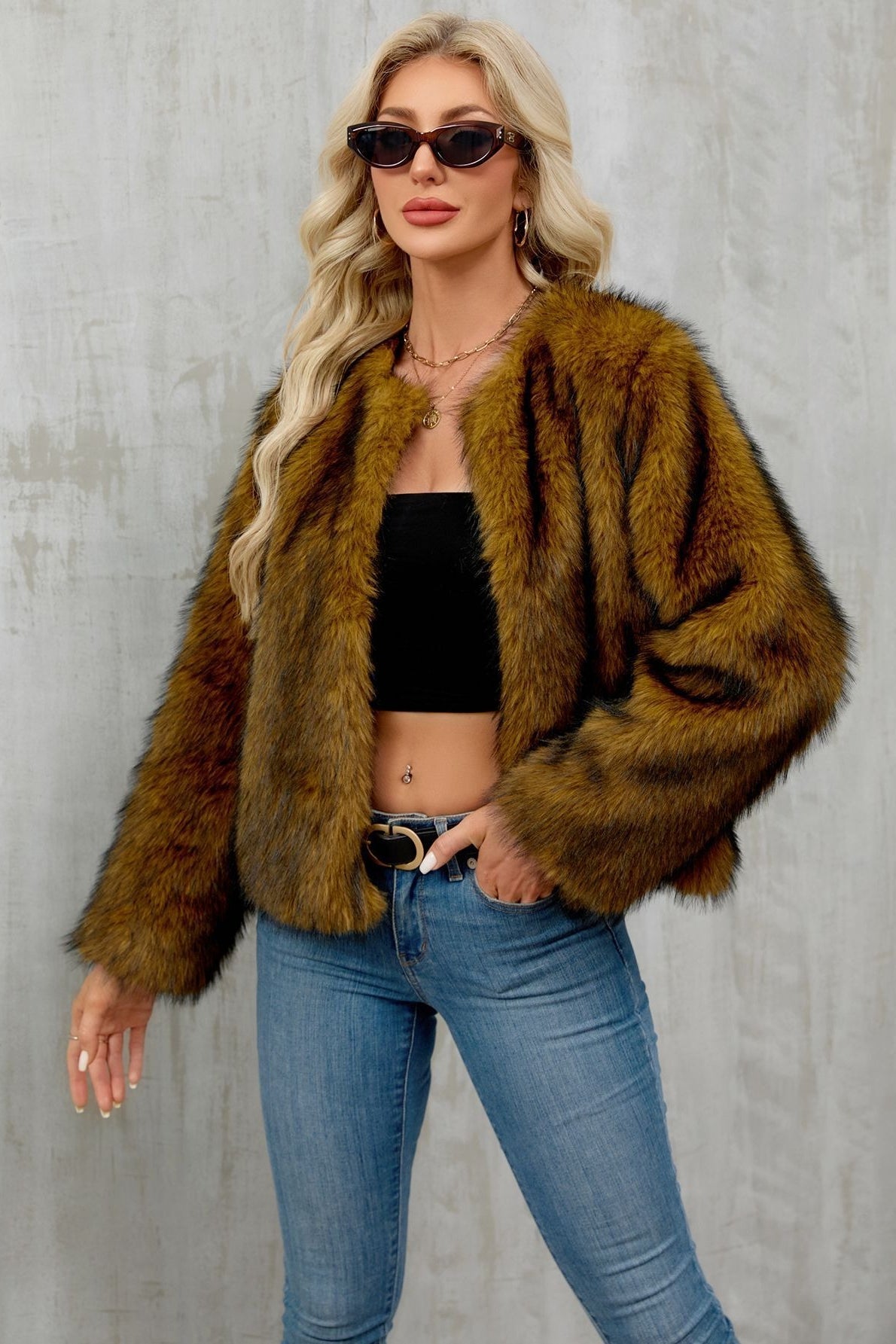 Cropped Faux Fur Zip Coat - Fashionpara