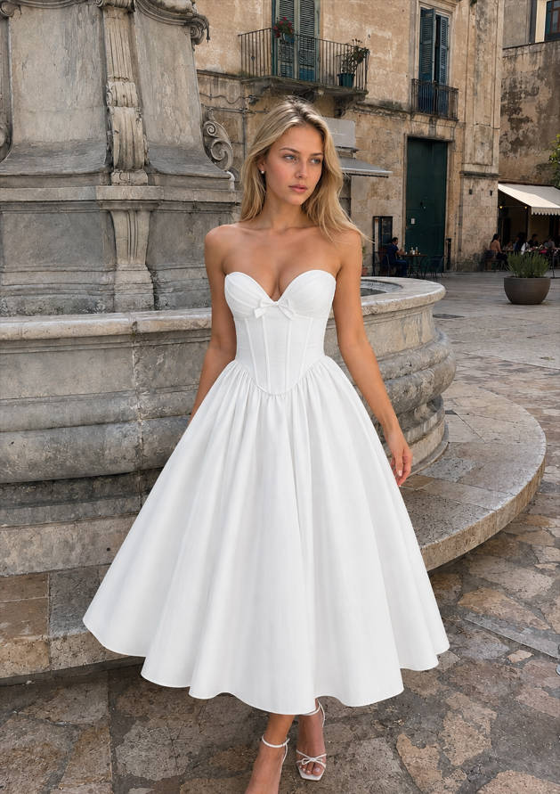 Strapless Sweetheart Bow Corset A-Line Midi Dress