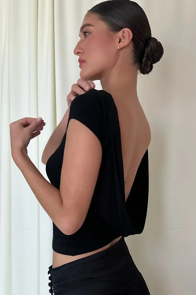 O-Neck Backless Ruched Crop Top - Fashionpara