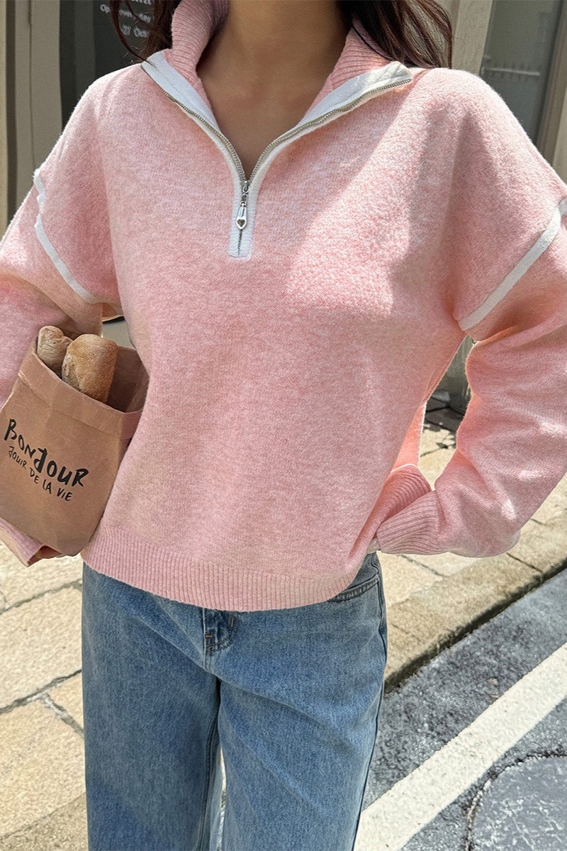 Casual Zip Front Long Sleeve Sweater