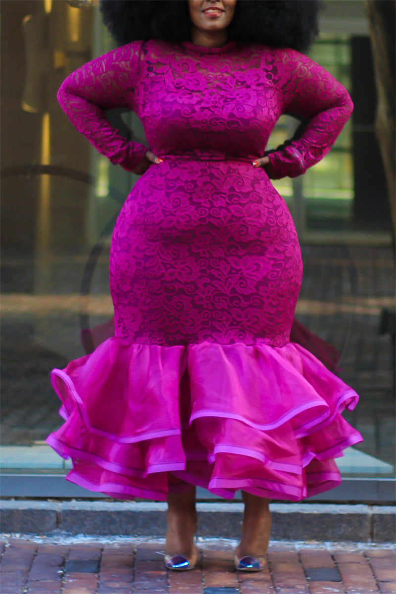 Plus Size Ruffle Lace Long Sleeve Bodycon Midi Dress  Fashionpara